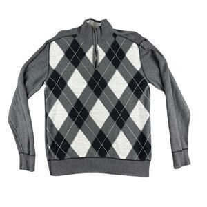 BKE Sweater Men's Large Gray Black Plaid Standard Fit 1/4 Zip Long Sleeve Cotton